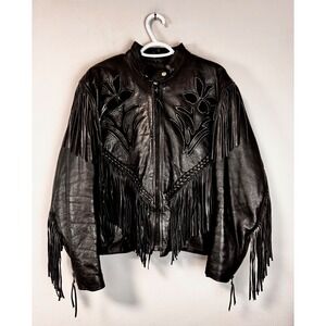 Hudson Leather Vintage Genuine Leather Jacket Fringe Floral Suede‎ Accents Large